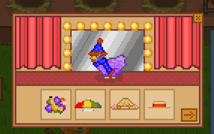 Screen showing chicken clothes in game Peckin' Pixels