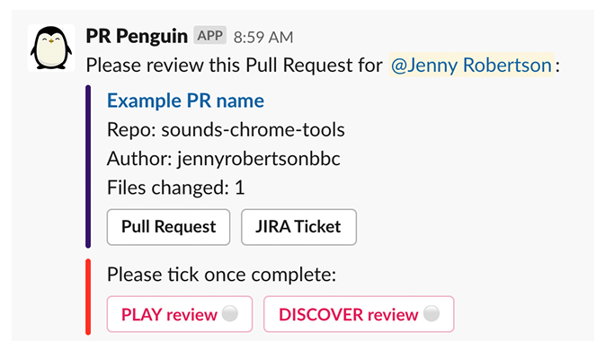 Screenshot showing message with link to a PR and 2 buttons